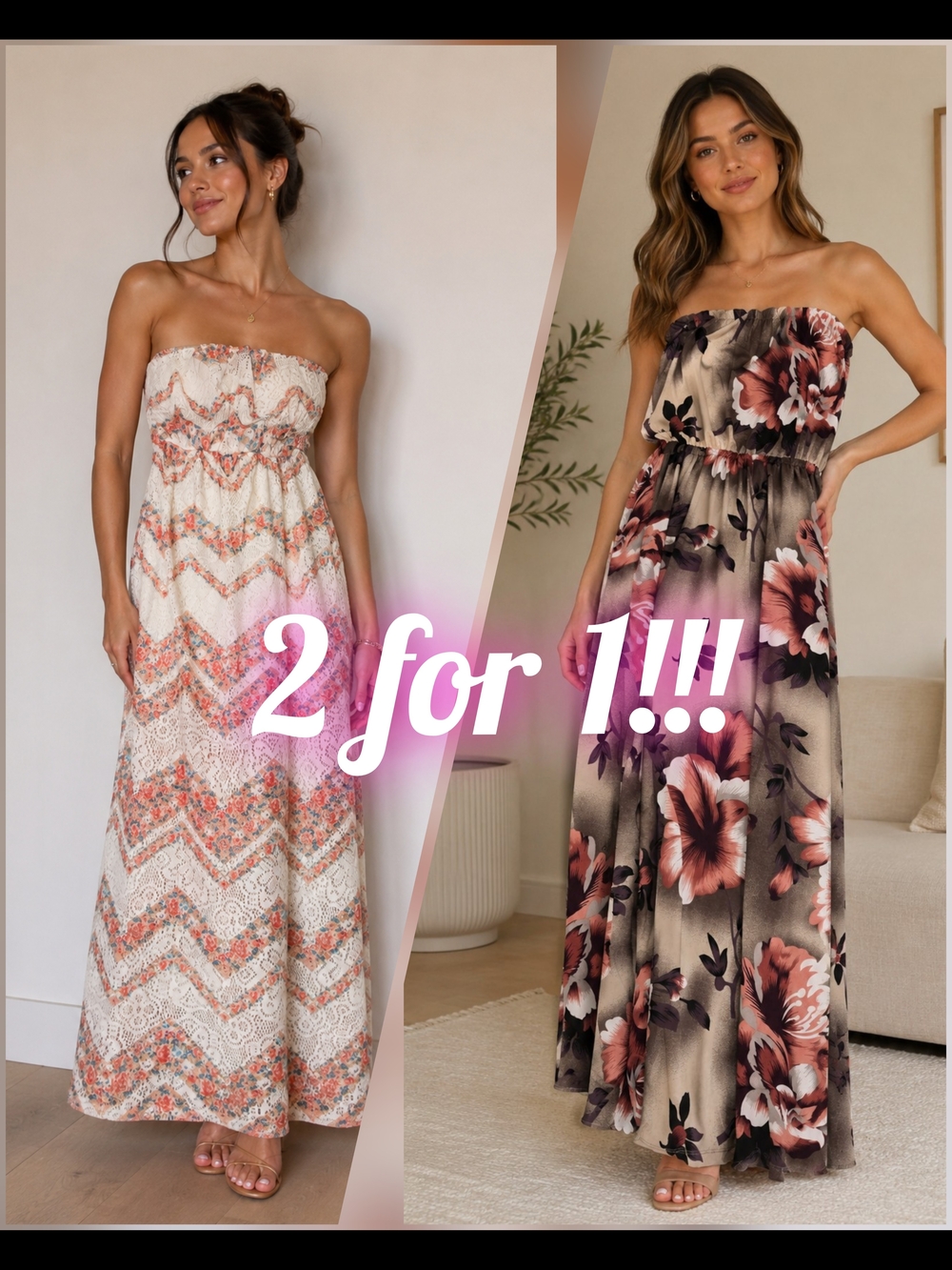 Strapless Maxi Dress - Floral & Chevron Options in Cream and Taupe